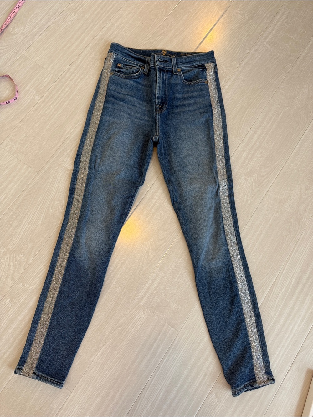 7 For All Mankind Dark Blue Skinny Jeans with Silver Side Stripes